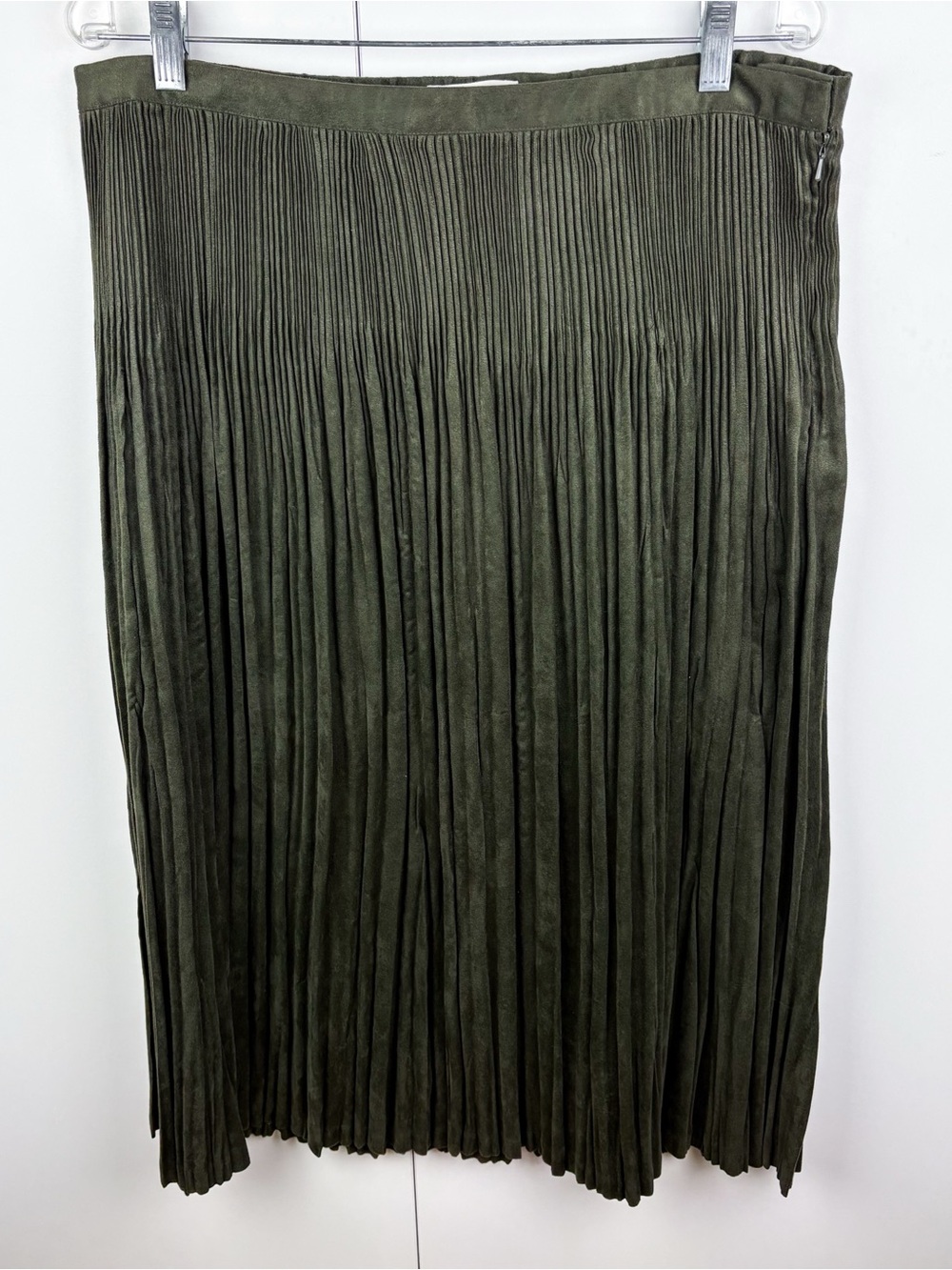 Vintage Faux Suede Pintucked Pleated Midi Skirt Olive Green Large Petite Autumn